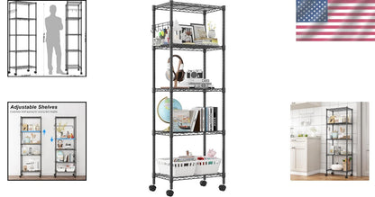 5-Tier Wheeled Metal Shelves with Side Hooks for Organization