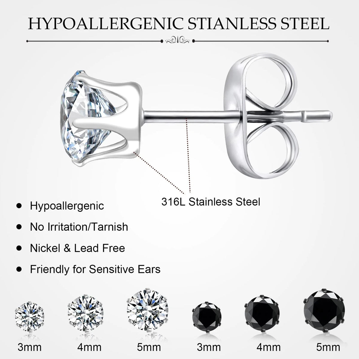 Set of 6 Pairs Stud Earrings for Men Women 3-5mm, Black and Clear Round