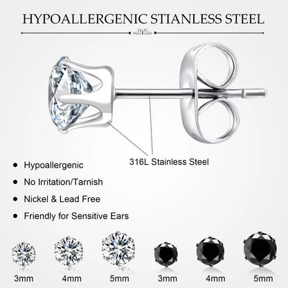 Set of 6 Pairs Stud Earrings for Men Women 3-5mm, Black and Clear Round