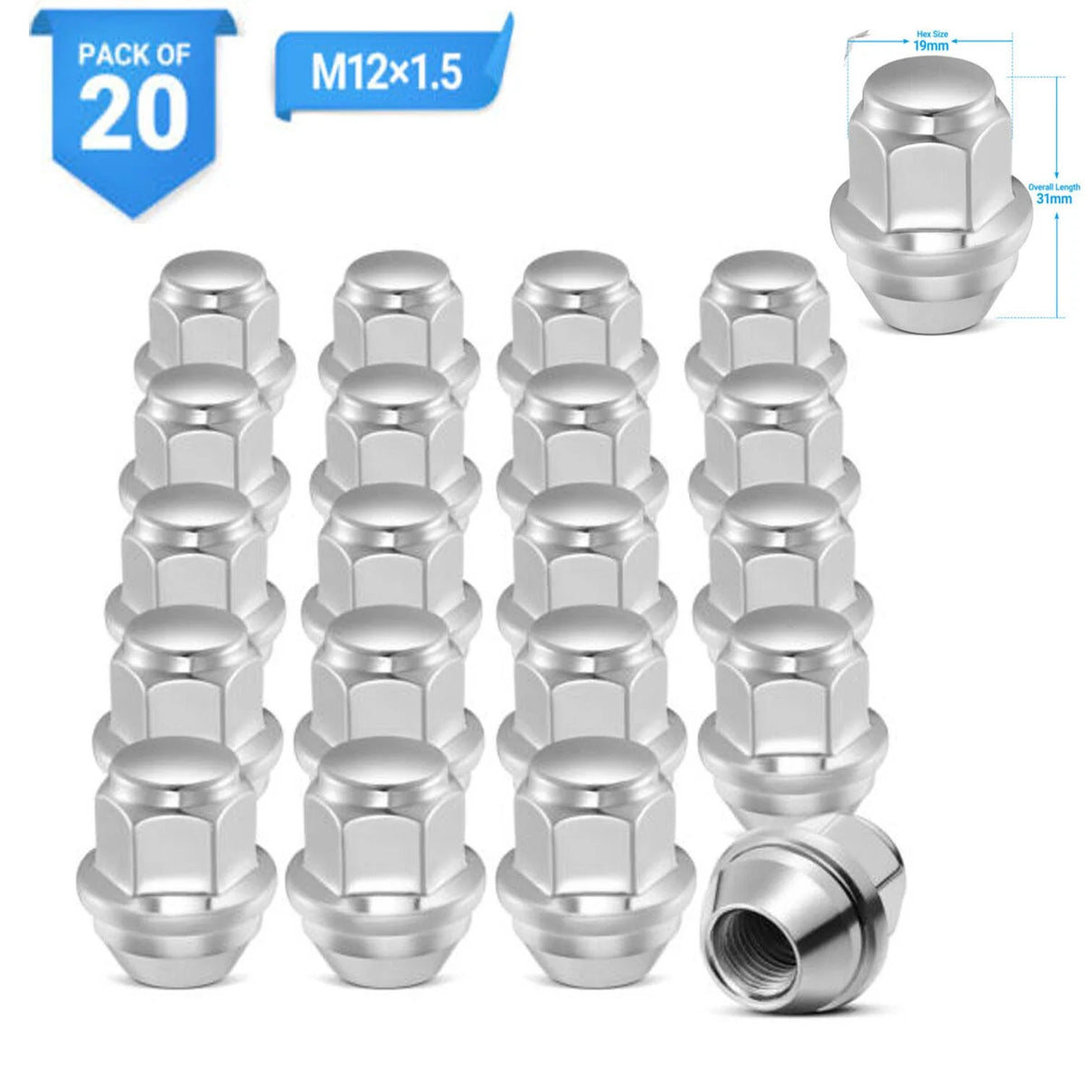 20x Chrome Wheel Lug Nuts for Ford Focus Fusion Escape EcoSport (2000–2023)