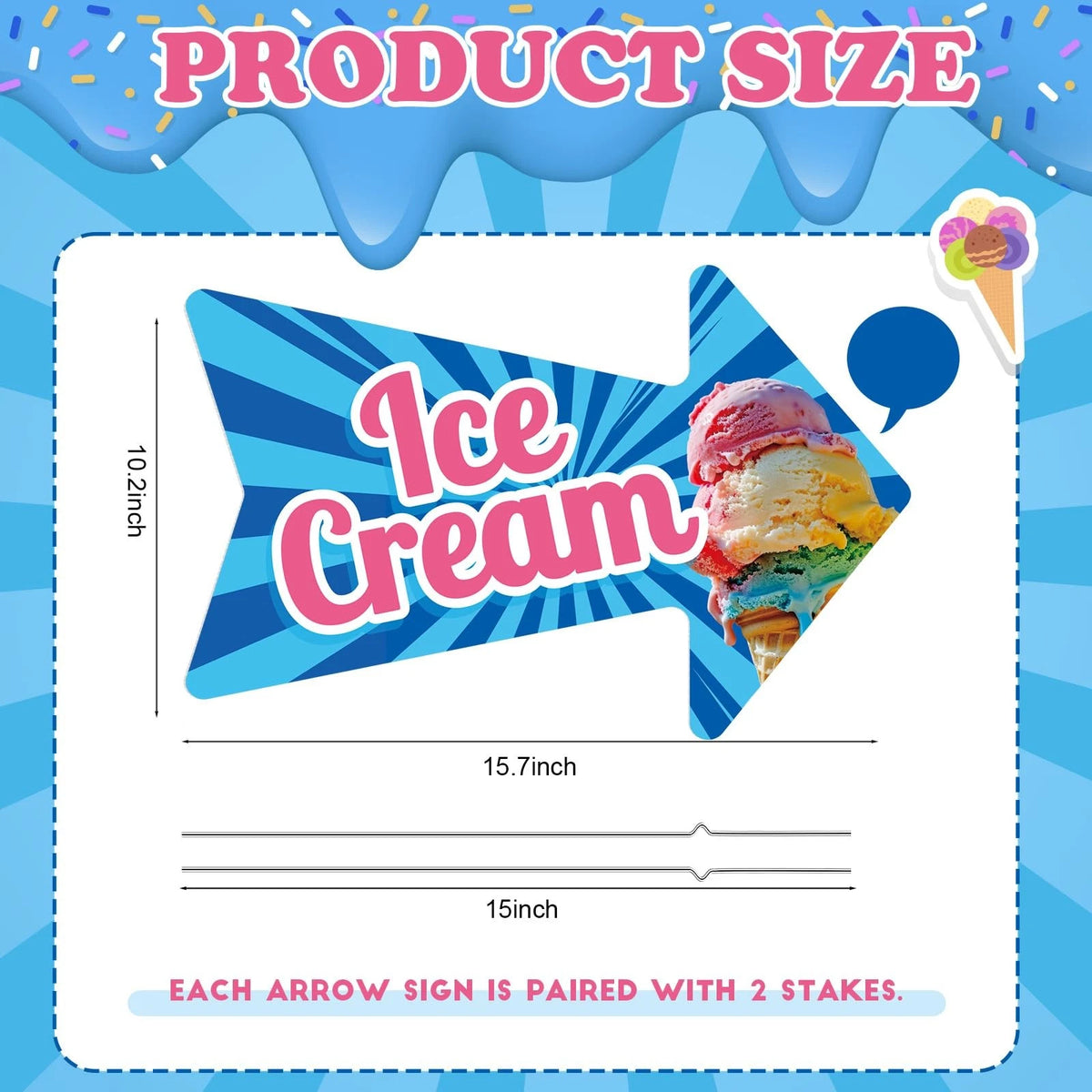 3 Pack Ice Cream Arrow Sign 10 x 16 Inches Summer Yard Sign with Stakes