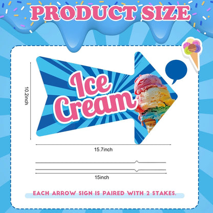 3 Pack Ice Cream Arrow Sign 10 x 16 Inches Summer Yard Sign with Stakes