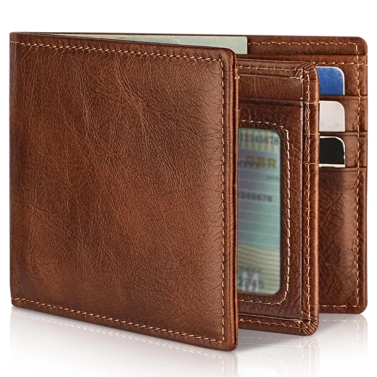 Genuine Leather Bifold RFID Blocking Wallet for Men with ID Window