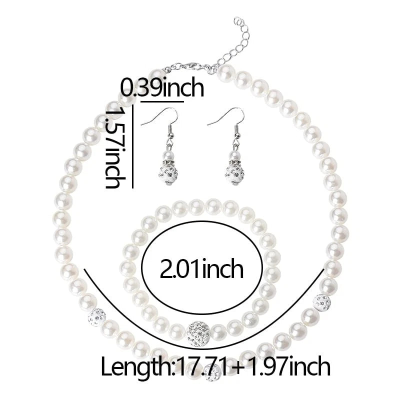 Set of 3 Pearl Earrings Bracelet Necklace Black and White