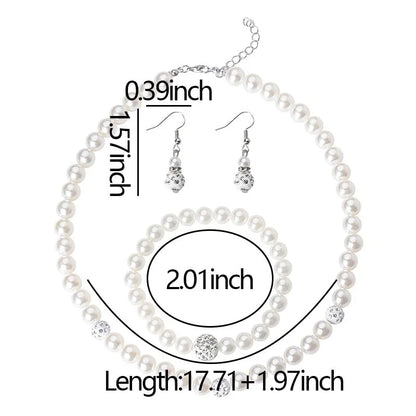 Set of 3 Pearl Earrings Bracelet Necklace Black and White