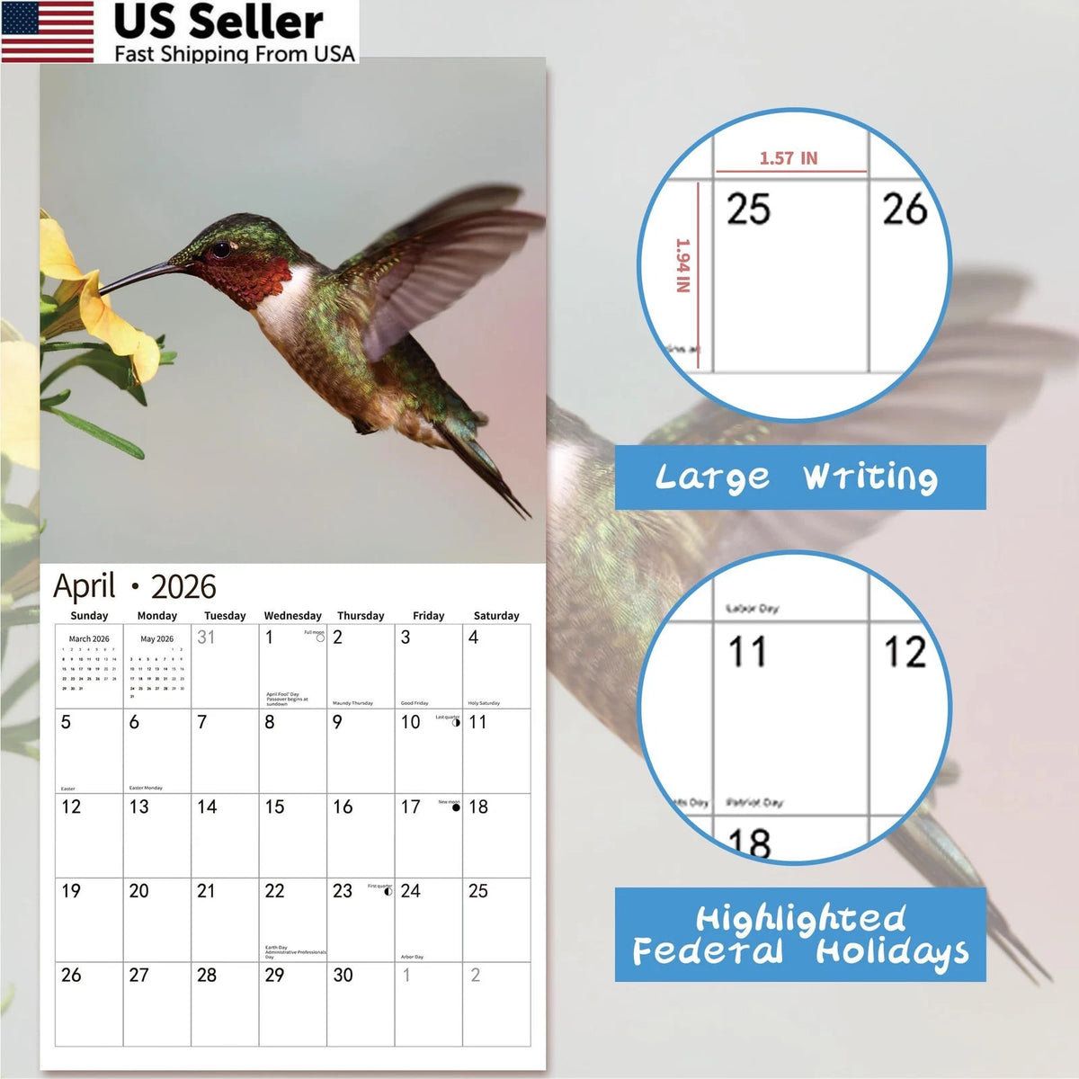 2026 Wall Calendar for Hummingbirds (November 2025 - 12"x24")