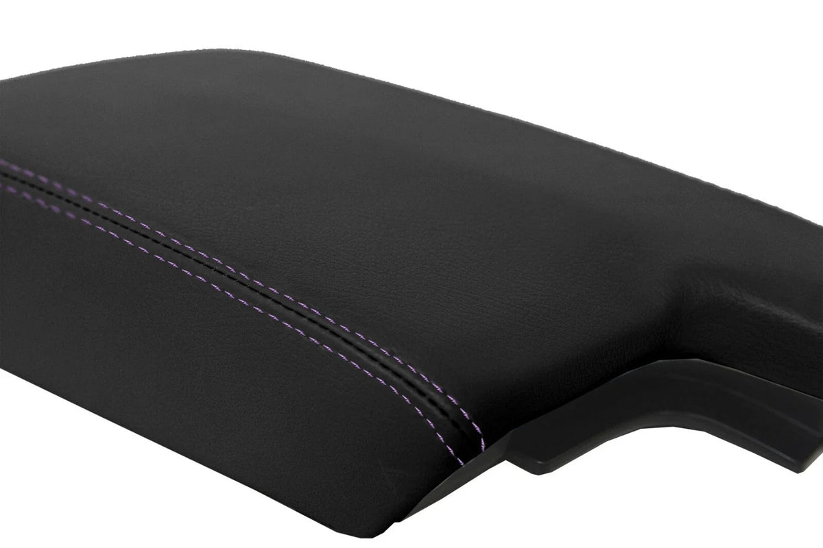Leather Console Lid Armrest Cover for Subaru Crosstrek (2018–2020) Black Purple Stitch