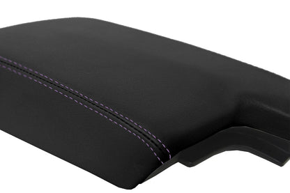 Leather Console Lid Armrest Cover for Subaru Crosstrek (2018–2020) Black Purple Stitch
