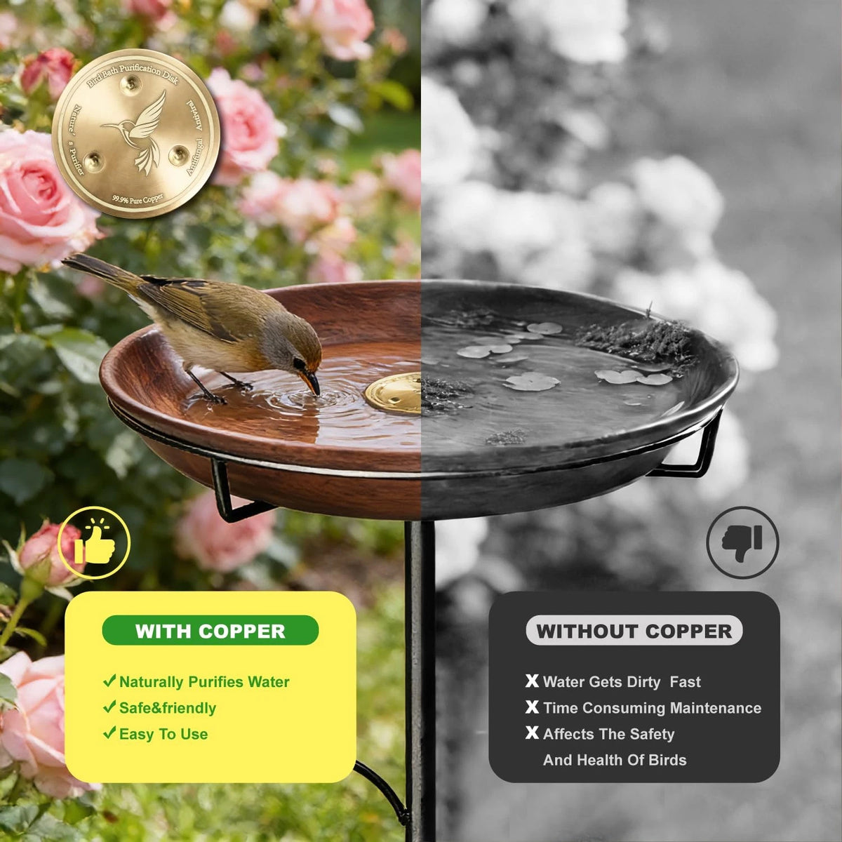 35-Inch Metal Bird Bath for Outdoor Use - Antique Bronze Garden Decor