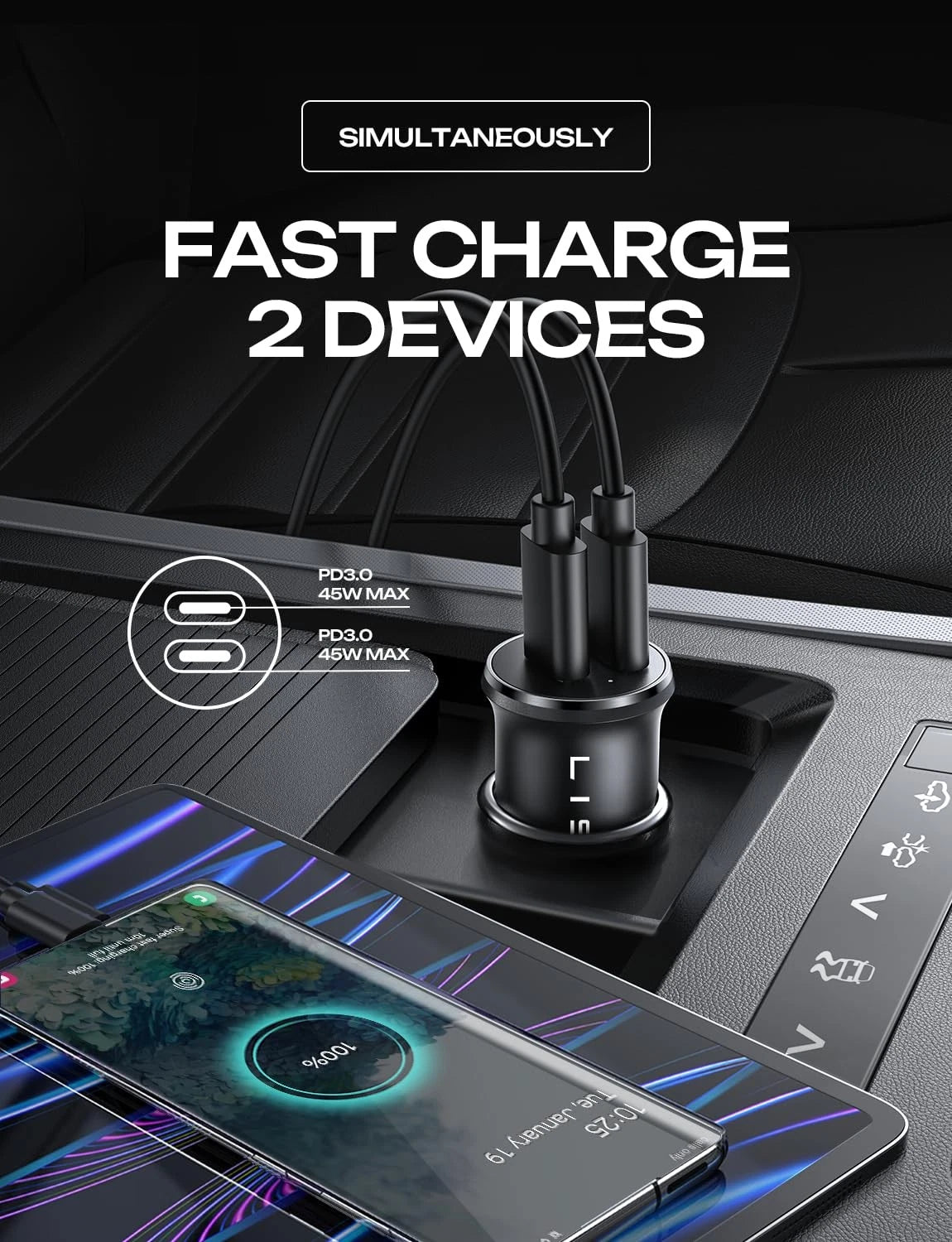 90W USB C Car Charger for Universal Use (Fast Charge, PD & QC 3.0)