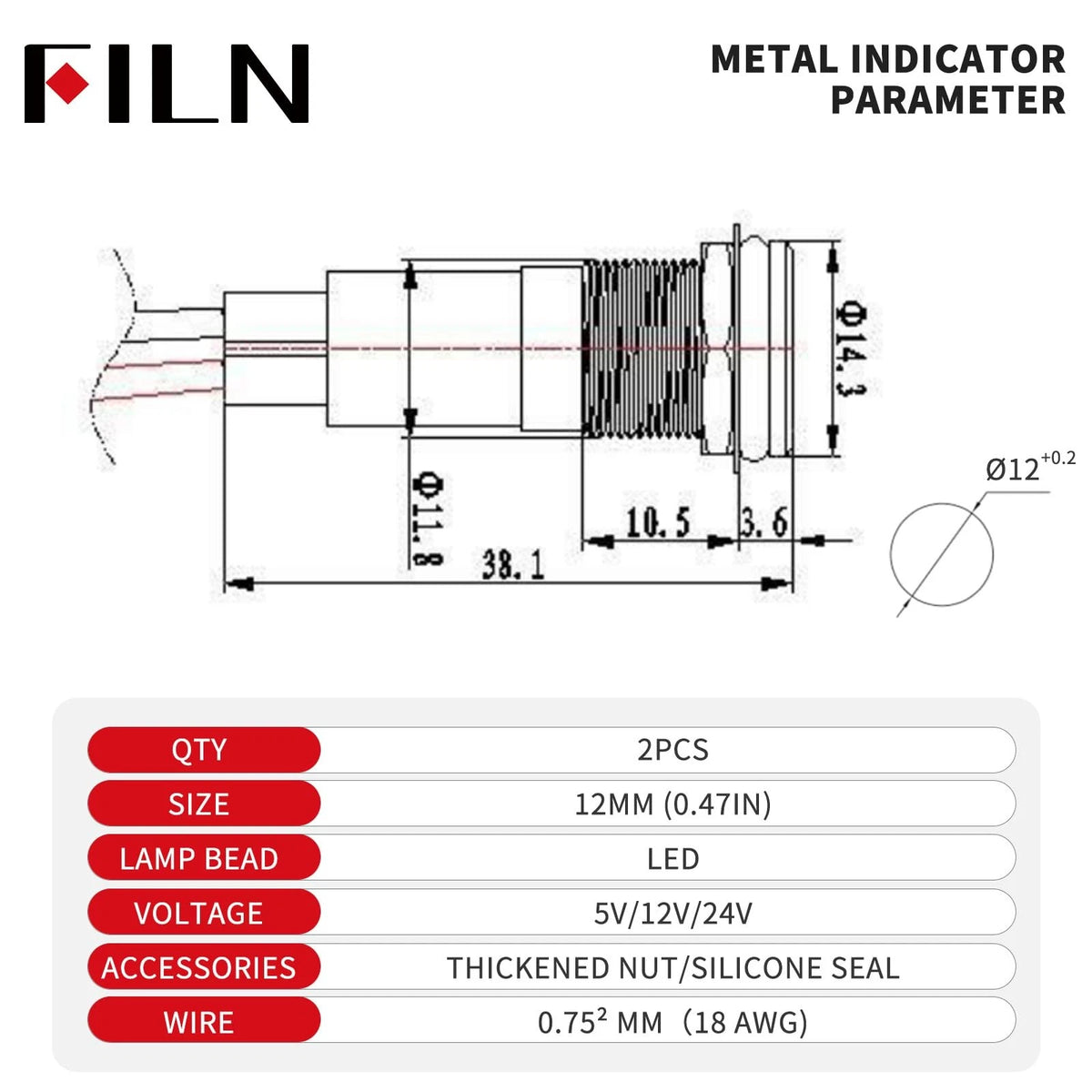 2X LED Metal Indicator Lights for Universal Use (12mm Red)