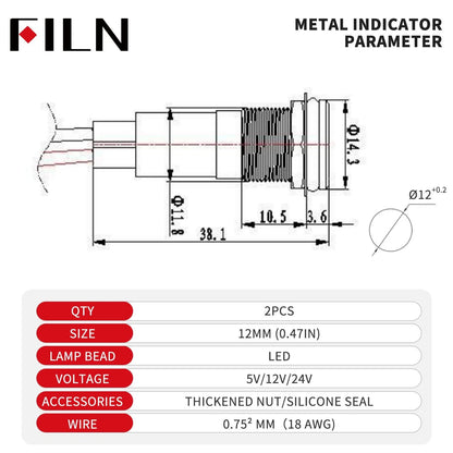 2X LED Metal Indicator Lights for Universal Use (12mm Red)