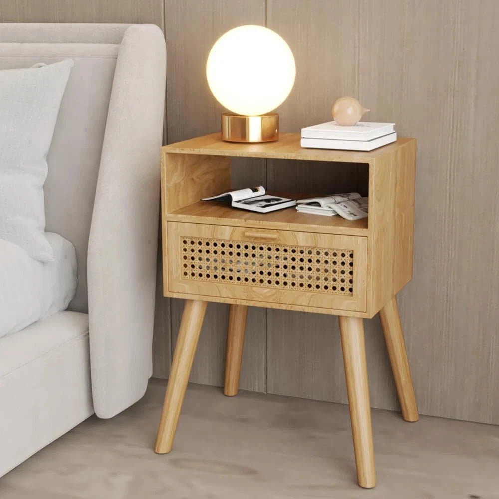 Wooden Nightstand with Rattan Door for Mid Century Style
