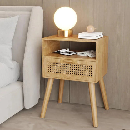 Wooden Nightstand with Rattan Door for Mid Century Style