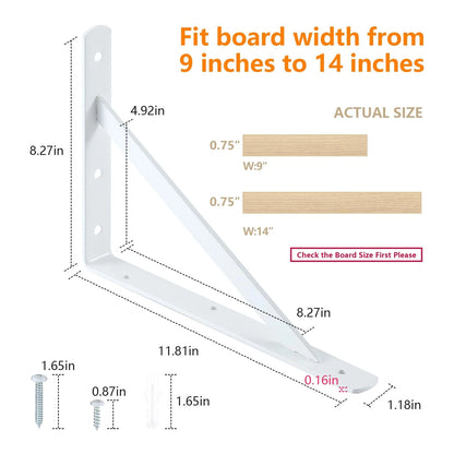 Set of 6 Heavy Duty Metal Shelf Brackets 12 x 8 Inches - White