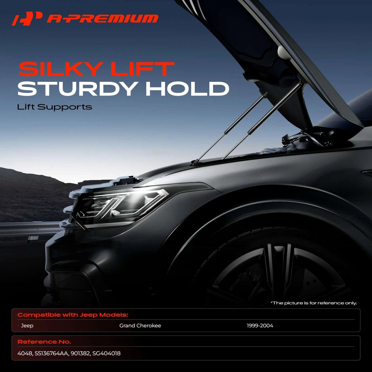 2X Front Hood Lift Support Struts for Jeep Grand Cherokee WJ (1999–2004) 55136764AA, 55352896AA, 55352896AB, 55352897AB