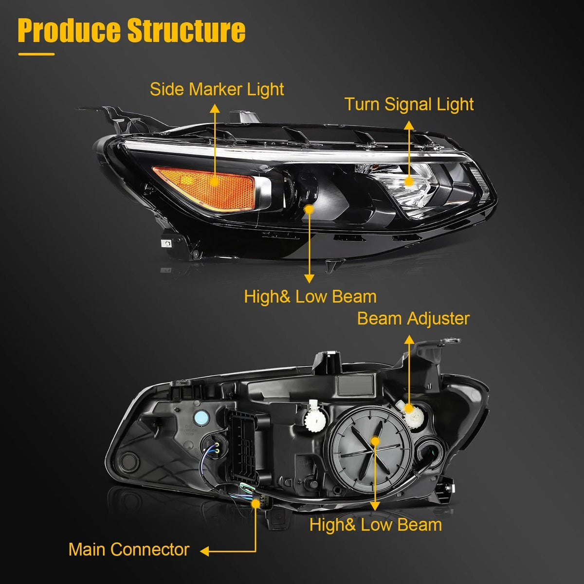 2Pcs Pair Headlights for Chevy Malibu (2016–2018) Black with Amber