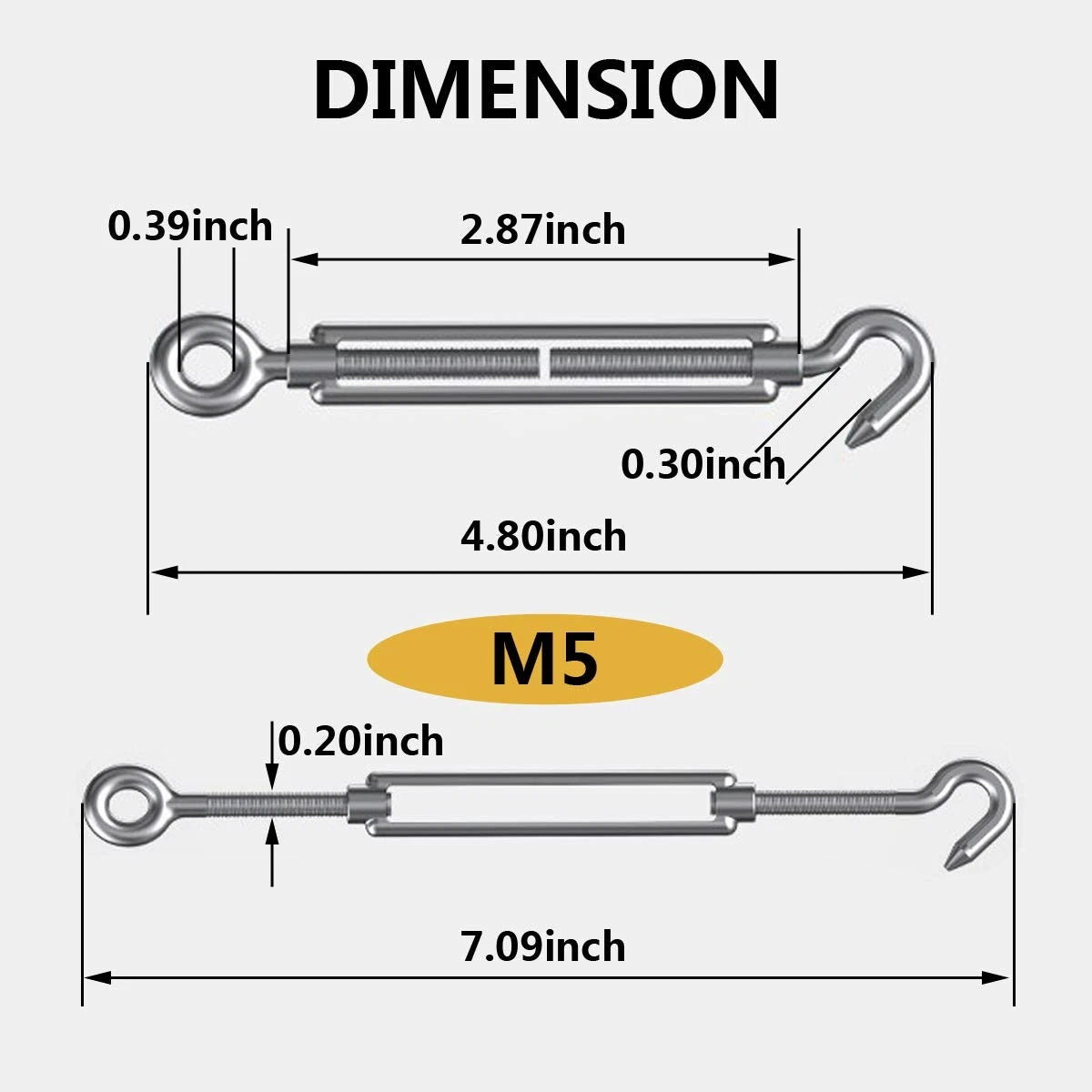 Set of 4 M5 Turnbuckles for Shade Sail Hardware (304 Stainless Steel)