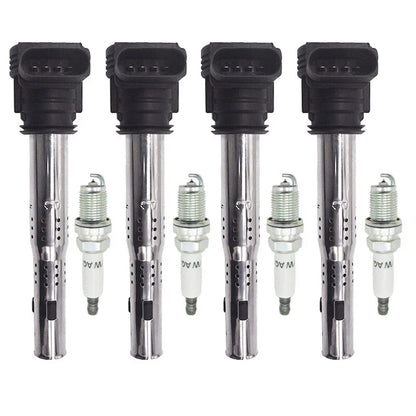 Set of 4 Ignition Coils + 4 Spark Plugs for VW Audi 1.8L 2.0L (2005–2016) UF575 UF529