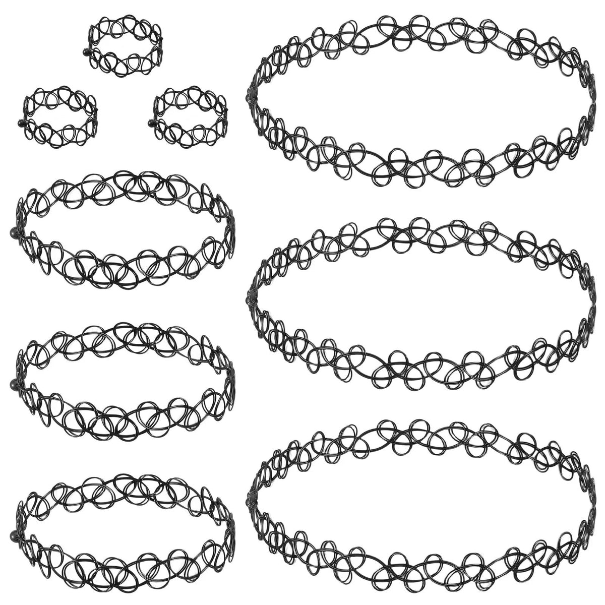 9Pcs Tattoo Choker Necklace, Bracelet & Ring Set for 90s Standard (1990–1999)