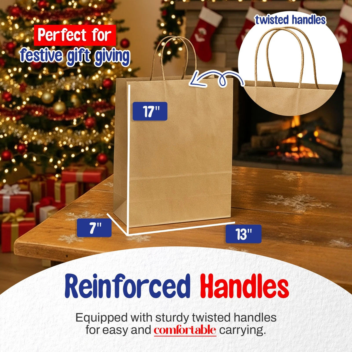 Pack of 30 Kraft Gift Bags 13x7x17 with Handles