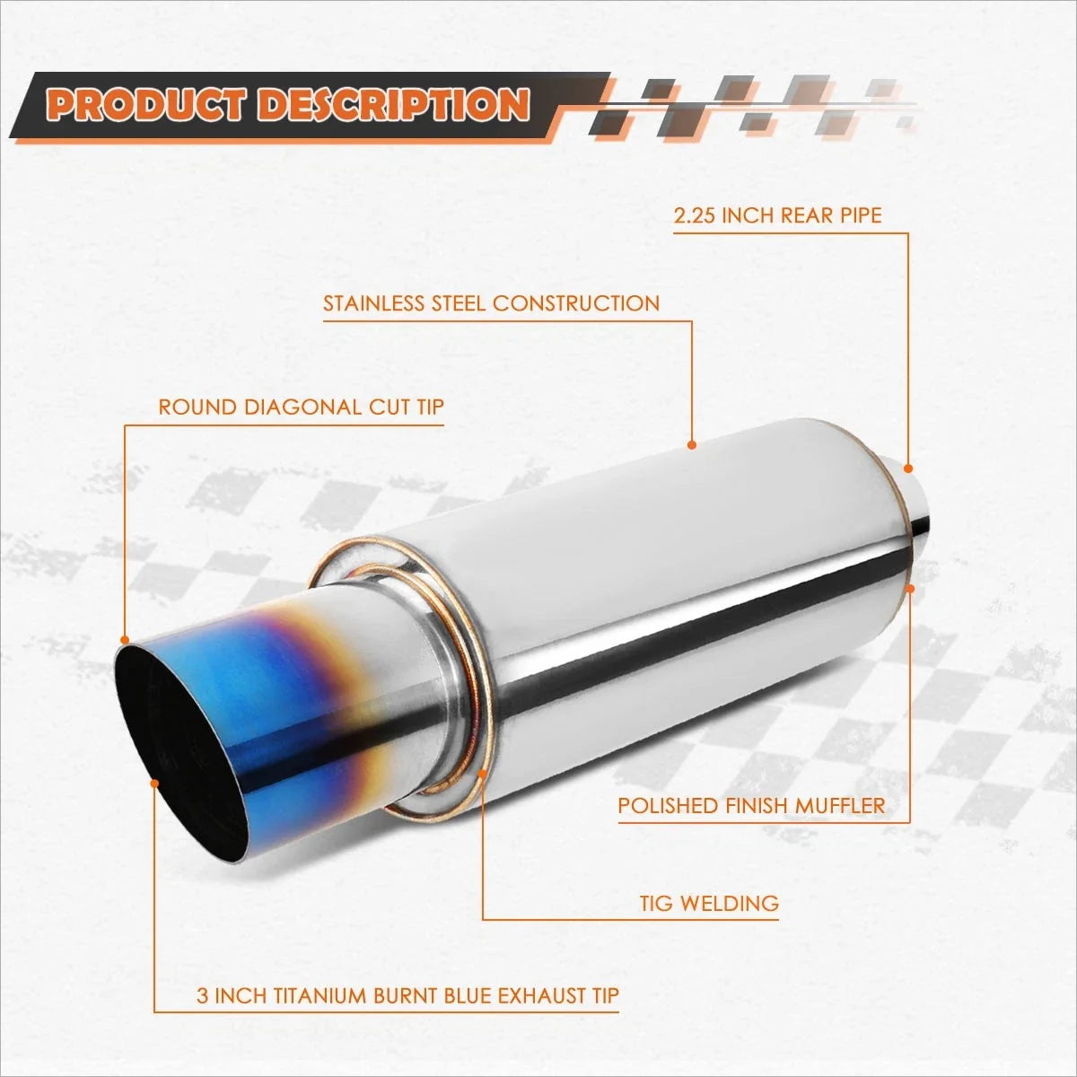 2.25" Inlet Stainless Steel Exhaust Muffler + 3" OD Burnt Titanium Tip