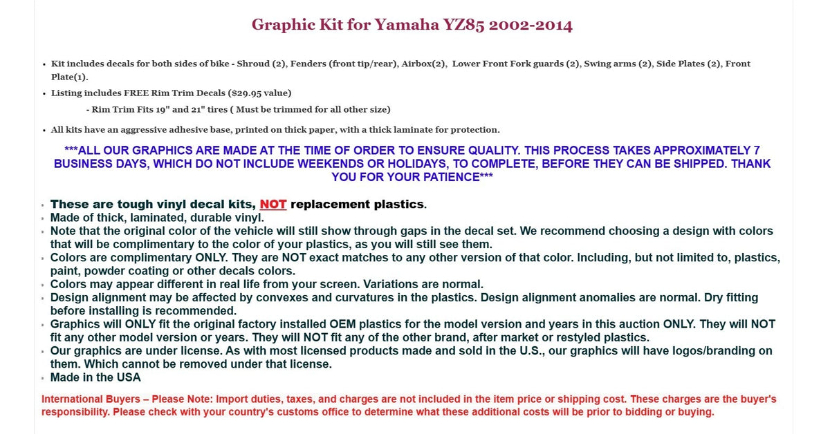 Graphics Stickers +NP/RIM Decals for Yamaha YZ85 (2002–2014)