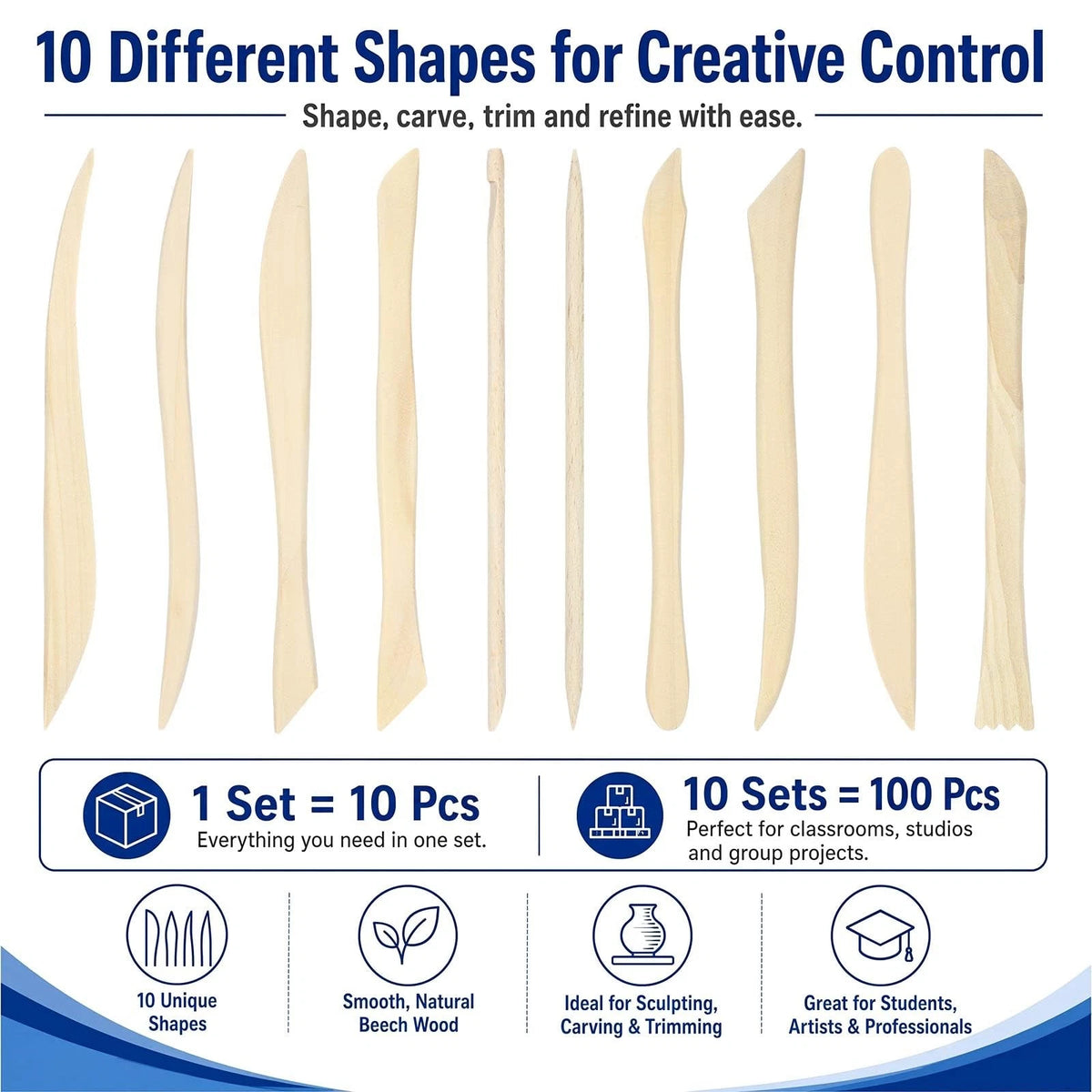 Set of 10 Beech Clay Sculpting Tools for Pottery