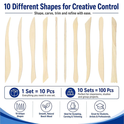 Set of 10 Beech Clay Sculpting Tools for Pottery