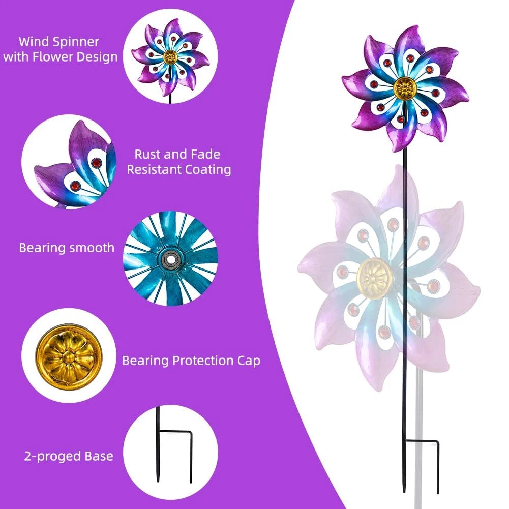 Wind Spinner Metal Pinwheels for Outdoor Garden Lawn Art (Purple)