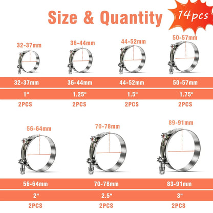 14 Pcs T-Bolt Hose Clamps Set for Universal Applications (Various Sizes)
