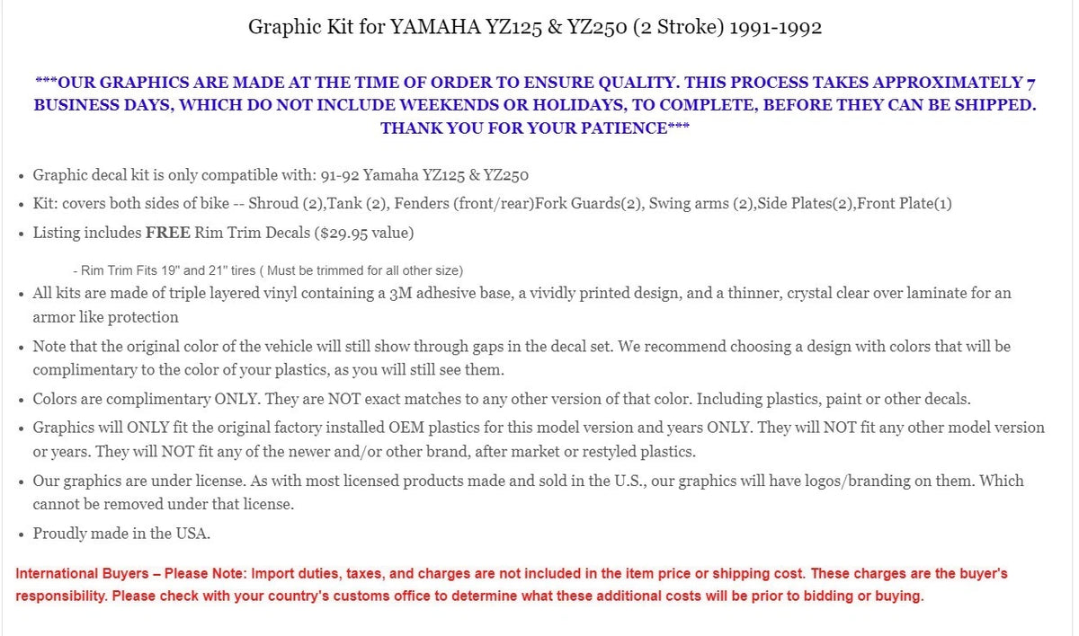 Graphics Stickers for Yamaha YZ 125 YZ 250 (1991–1992)