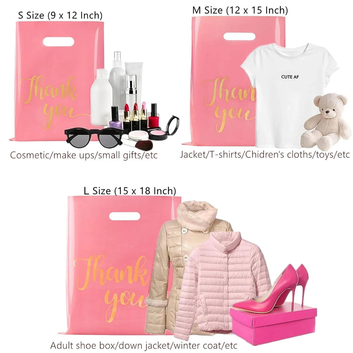 100 Pack Pink Thank You Shopping Bags 12"x15" Extra Thick
