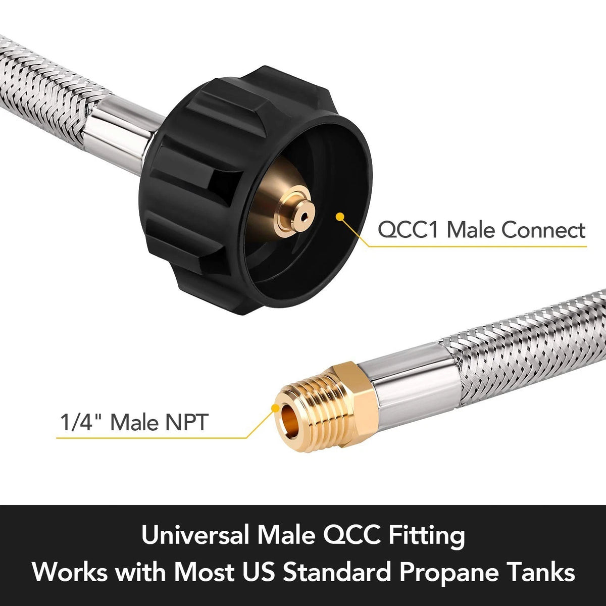 15in Stainless Braided RV Propane Pigtail Hose with 1/4 Male NPT Connection