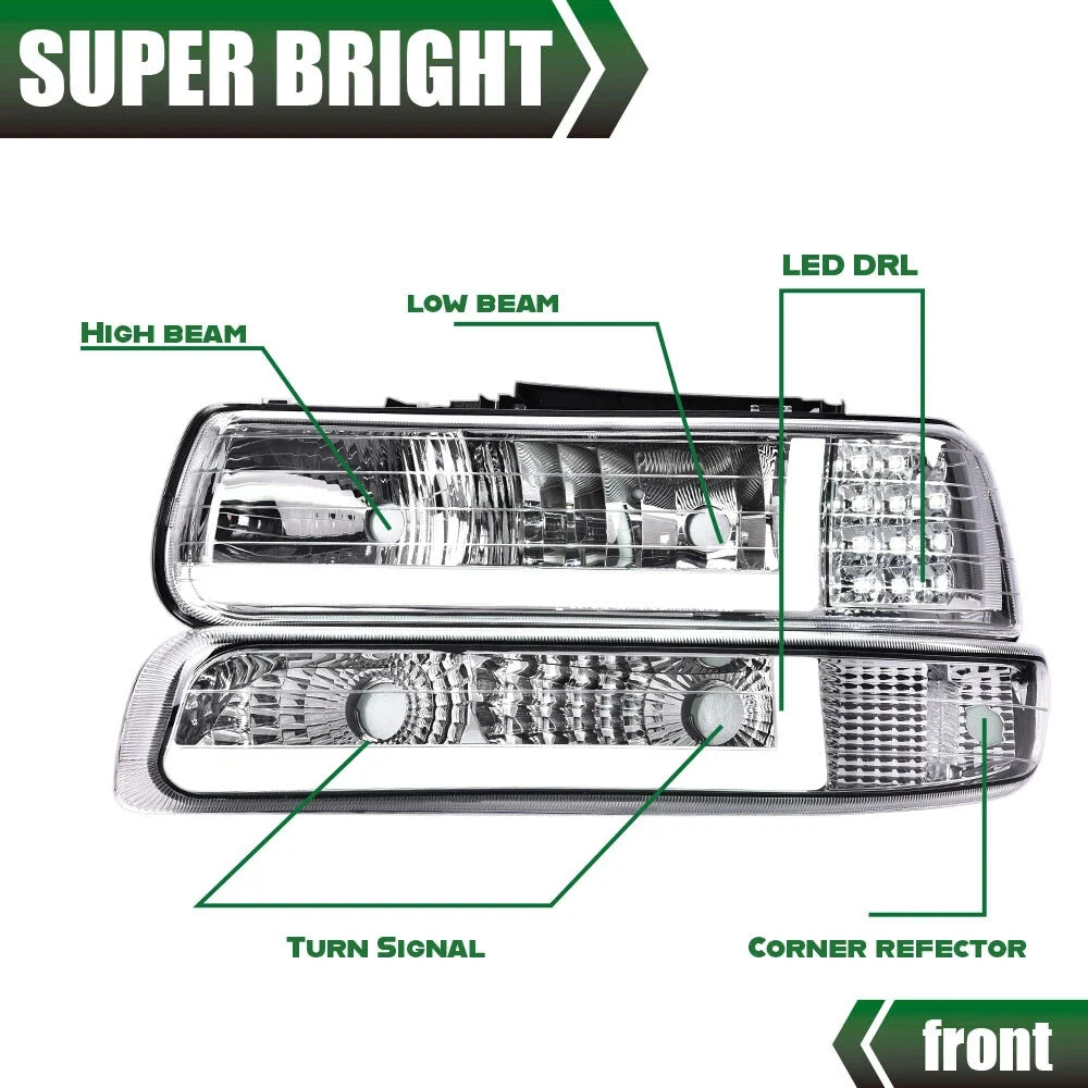 LED Chrome Headlights and Fog Lights for Silverado Suburban Tahoe (1999–2006)