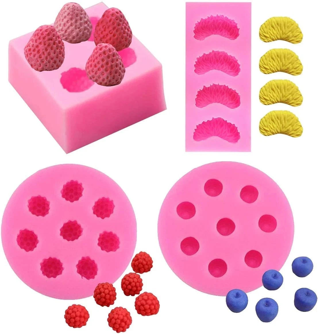Set of 4 Fruit Fondant Molds - Strawberry, Tangerine, Raspberry, Blueberry