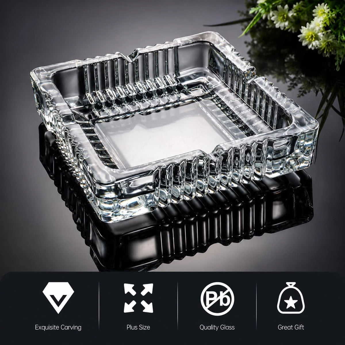 Large Glass Ashtray for Cigarette Cigar - 7x7 Inch, Clear Crystal