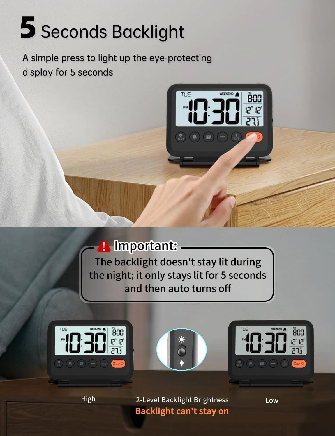 Digital Travel Alarm Clock with 3.54 Inch LCD Display - Set of 2