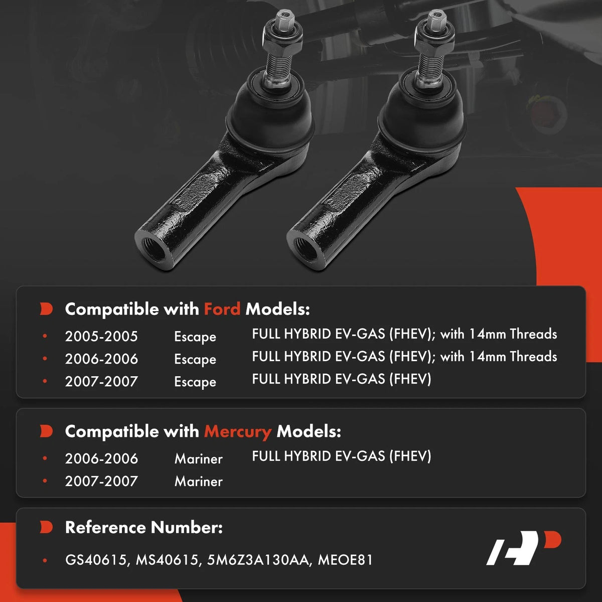 2X Tie Rod End Front Outer for Ford Escape Mercury Mariner (2005–2007) 5M6Z3A130AA, MS40615