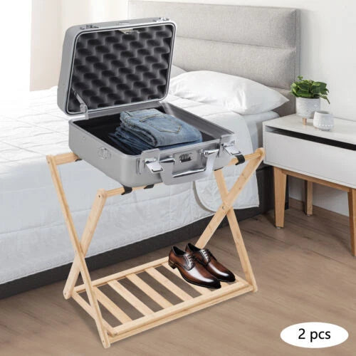 2 Pack Bamboo Luggage Rack for Suitcases with Storage Shelf