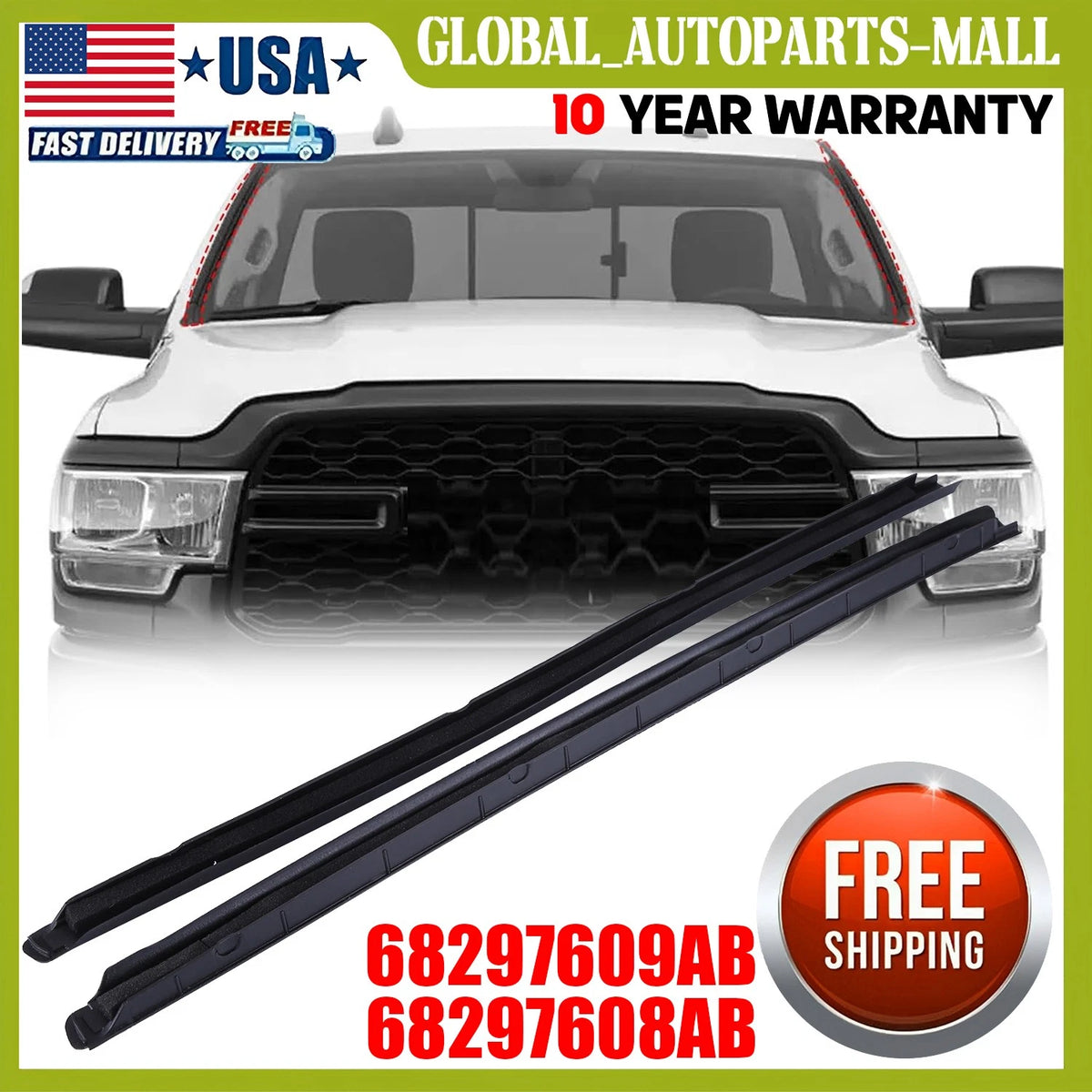 Set of 2 Front Windshield Molding for RAM 1500 2500 3500 4500 (2009–2022) - 68297609AB 68297608AB