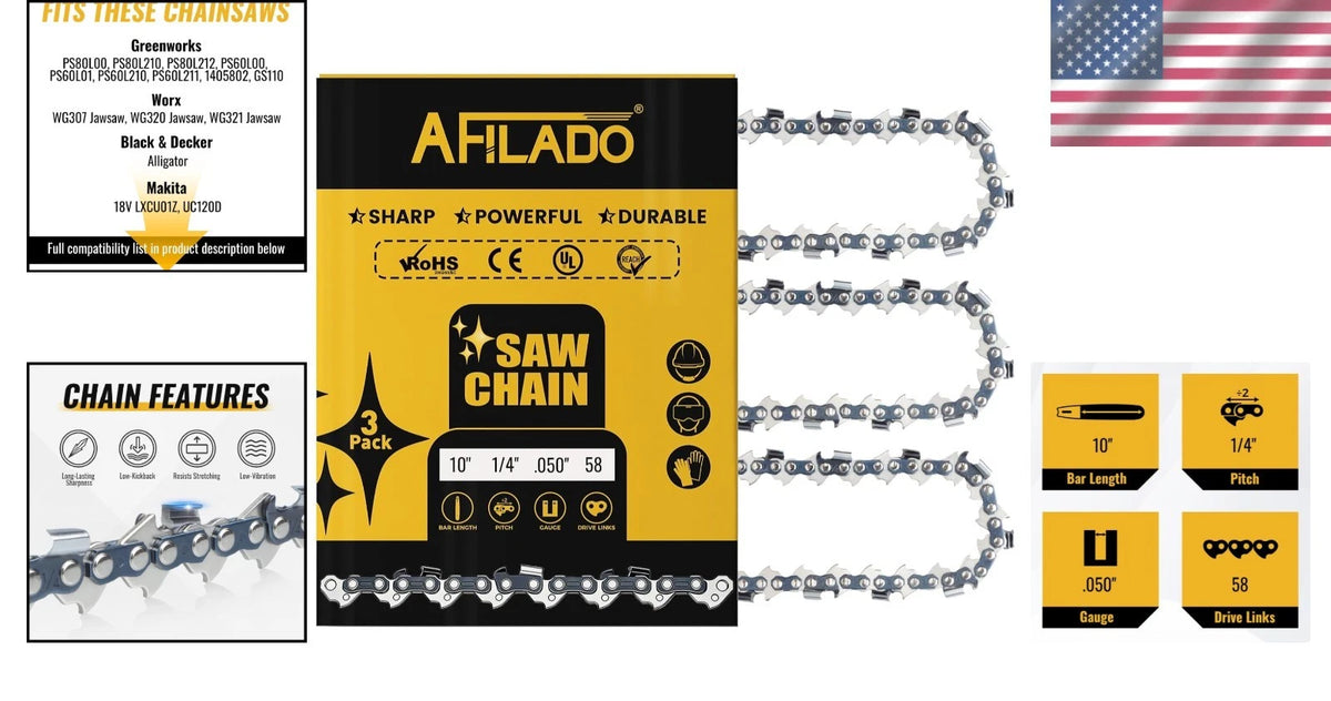 Set of 2 Chainsaw Chains - 10 Inch, 58 Drive Links, 0.050 Gauge