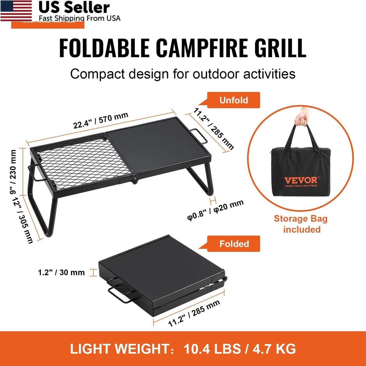 Folding Campfire Grill for VEVOR (22.4 x 11 Inch) Heavy Duty Steel Mesh