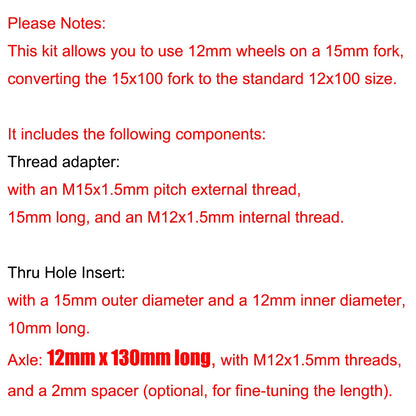 15mm to 12mm Fork Thru Axle Conversion Kit for Road Gravel Cyclocross Forks