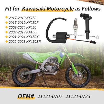 Ignition Coil + Cap w/ Spark Plug for Kawasaki KX250 KX250F KX450 KX450F (2004–2023)