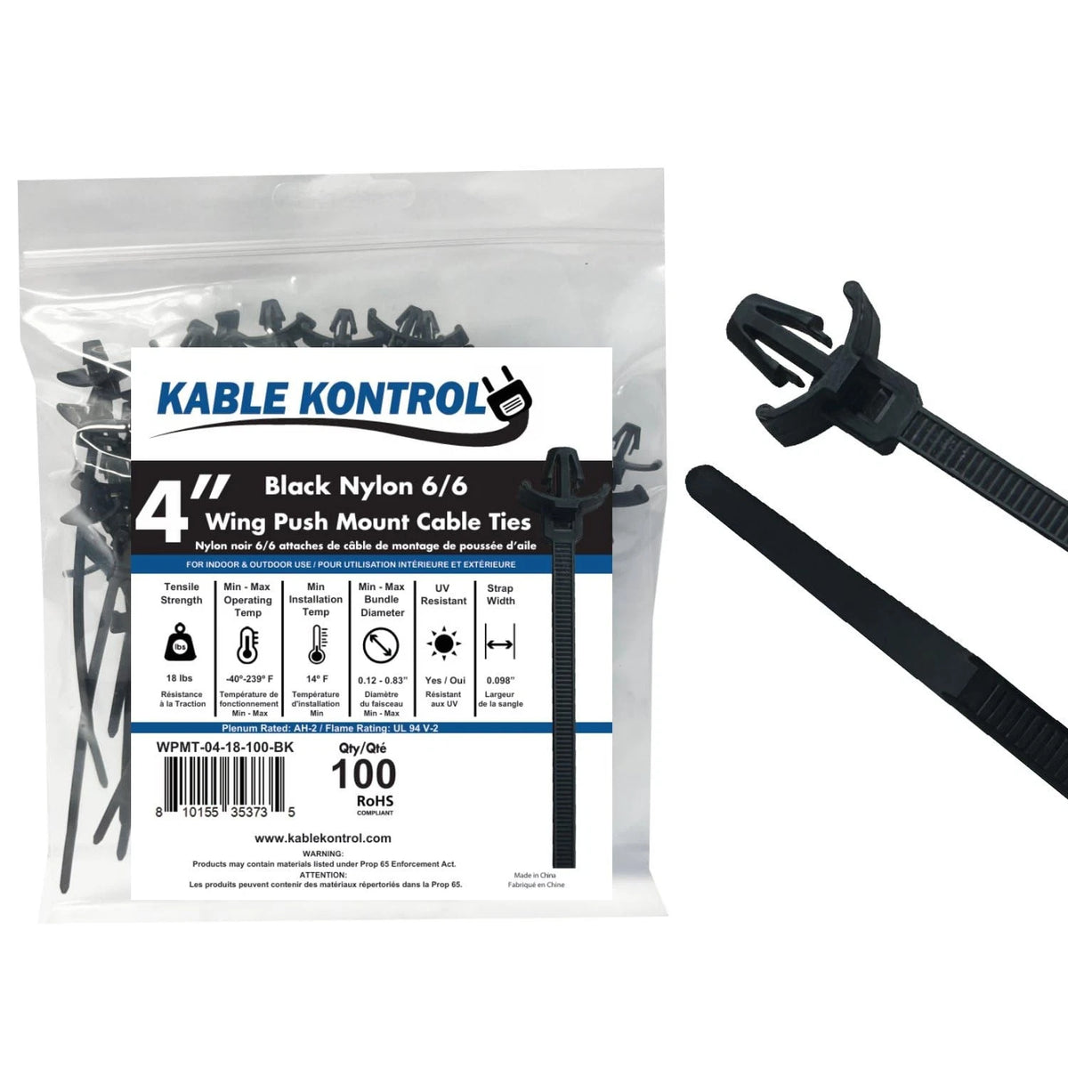 Set of 100 Kable Kontrol Winged Push Mount Cable Ties 4" - 18 Lbs - Black