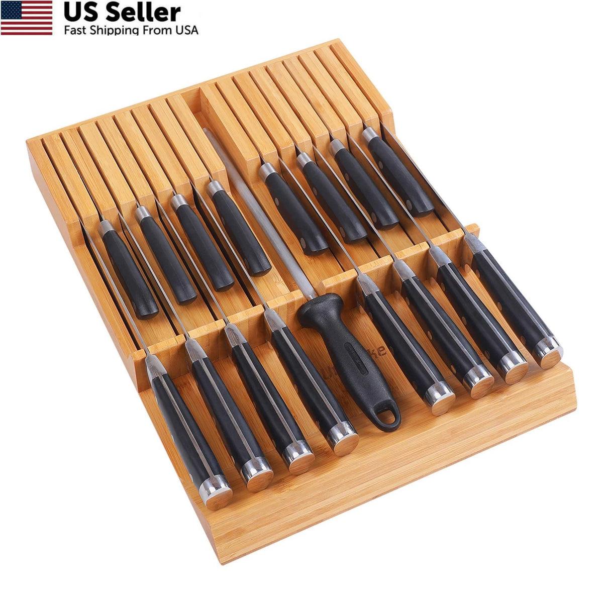 In-Drawer Knife Block Organizer for 16 Knives & Sharpening Steel