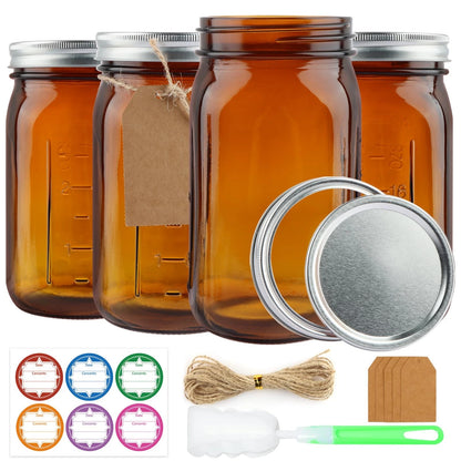 4 Pack Amber Wide Mouth Mason Jars 32 oz for Canning