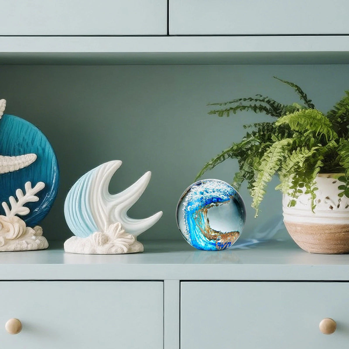 Ocean Waves Glass Ball Decor for Home Decor (3.14 inches, Gold/Blue)