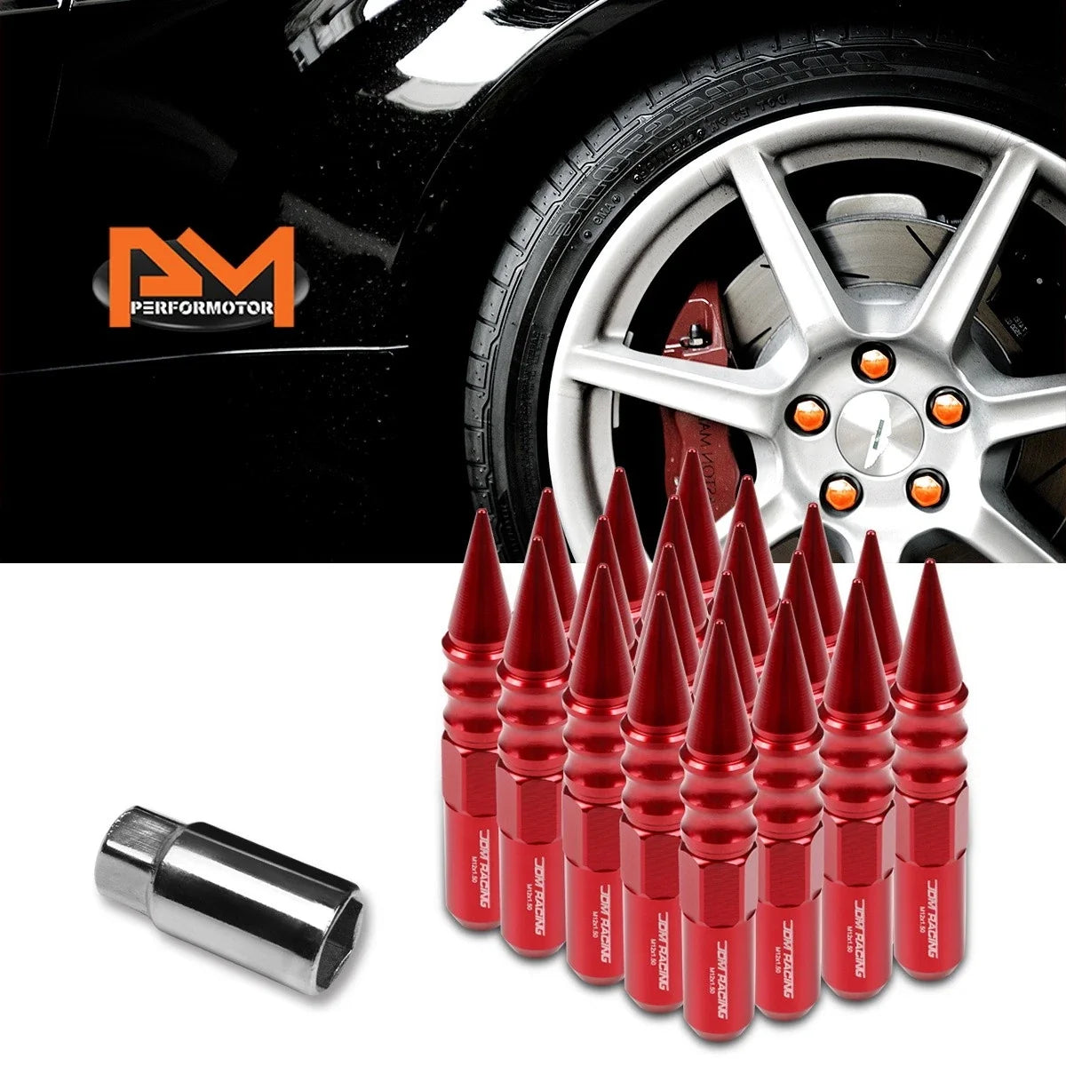 Set of 20 M12X1.5 Red JDM Spiked Hex Wheel Lug Nuts + 20mm Extension